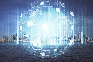 Sosyal ağ tema çizimi ve şehir manzarası arka planına çift pozlama. Bağlantı insanları kavramı.