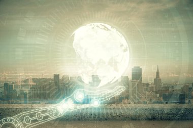 Şehir görünümünde harita ve veri temalı hologram ile gökdelenler arka planda çift pozlama. İş kavramında uluslararası teknoloji.