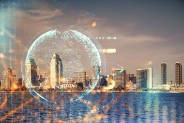 Şehir görünümünde harita ve veri temalı hologram ile gökdelenler arka planda çift pozlama. İş kavramında uluslararası teknoloji.