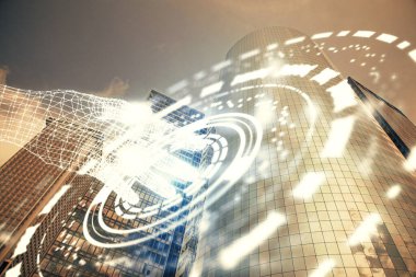 Veri temalı hologram gökdelenler arka planda çoklu pozlama ile şehir görünümüne çizim yapıyor. Büyük veri kavramı.