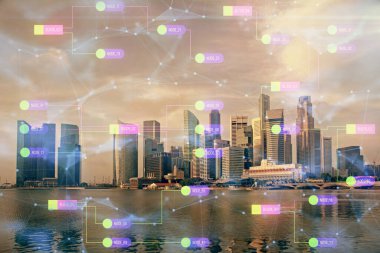 Veri temalı hologram gökdelenler arka planda çoklu pozlama ile şehir görünümüne çizim yapıyor. Büyük veri kavramı.