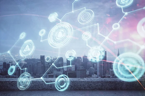 Sosyal ağ tema çizimi ve şehir manzarası arka planına çift pozlama. Bağlantı insanları kavramı.