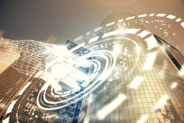 Veri temalı hologram gökdelenler arka planda çoklu pozlama ile şehir görünümüne çizim yapıyor. Büyük veri kavramı.