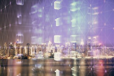 Veri temalı hologram gökdelenler arka planda çoklu pozlama ile şehir görünümüne çizim yapıyor. Ai kavramı.