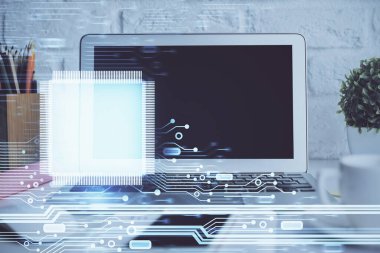 Arka planda kişisel bilgisayarı ve teknik tema çizimi olan iki kat masaüstü görüntüsü. Büyük Veri Kavramı.