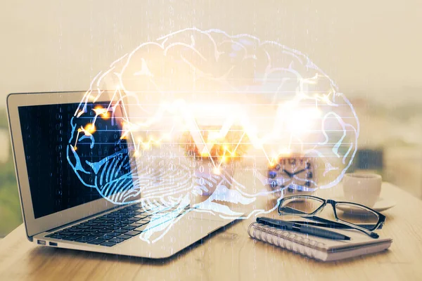 Doble Exposición Computadora Escritorio Cerebro Humano Dibujo Holograma Concepto — Foto de Stock