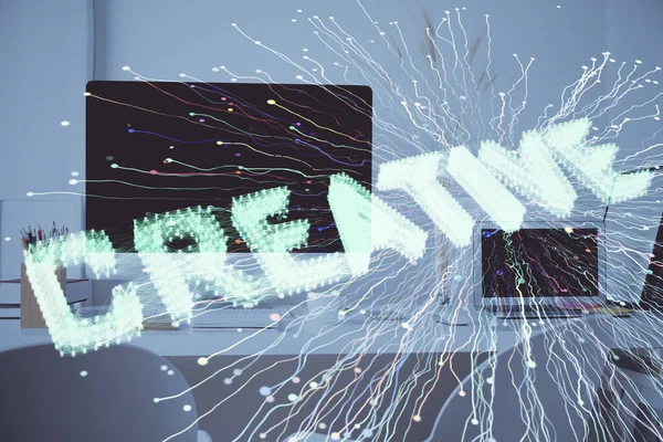 Настольный Компьютер Фон Офисе Запустить Рисунок Голограммы Темы Двойное Воздействие — стоковое фото