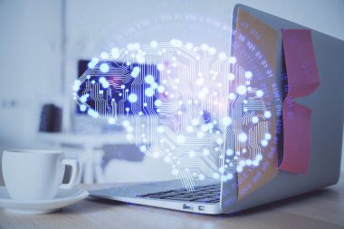 Bilgisayar ve insan beyninin hologram çizdiği çalışma alanının iki katına çıkarılması. Beyin fırtınası konsepti.