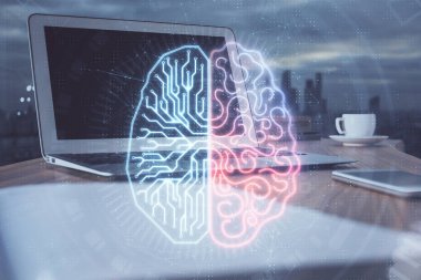 Bilgisayar ve insan beyin hologramıyla çalışma alanının çoklu açığı. Beyin fırtınası konsepti.