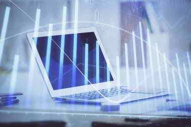 Bilgisayar geçmişi olan eski grafik hologramı. Çoklu maruz kalma. Finans piyasası kavramı.