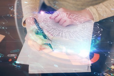 Arka planda veri çözeltisi teknolojisi hologramıyla el yazısının iki katına çıkarılması. Ai kavramı.