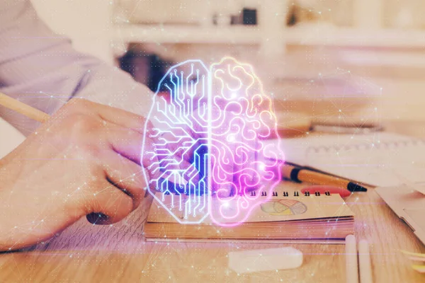 Erkek eli geçmişi olan beyin çoklu pozlama ikonu. Öğrenme kavramı.