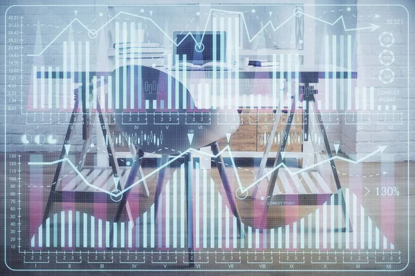 Double exposure of financial graph drawing and office interior background. Concept of stock market.