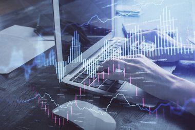 Bilgisayarda ve ön x grafik hologram çiziminde kadın eli yazarken çift pozlama. Borsa yatırım kavramı.