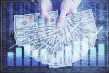 Finansal grafiğe çoklu pozlama hologram, Amerikan dolarları ve insan eli. Analiz kavramı.