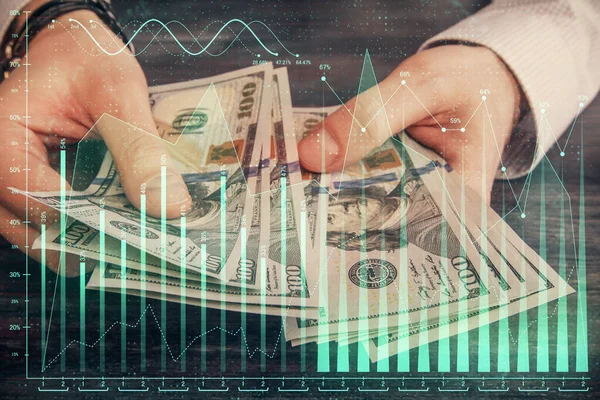 Multi Exponering Finansiella Diagram Rita Hologram Och Usa Dollar Räkningar — Stockfoto