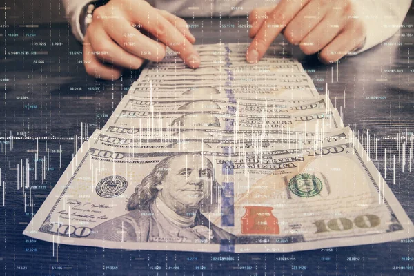 Multi Expozice Forex Graf Kreslení Hologram Americké Dolary Bankovky Mužské — Stock fotografie