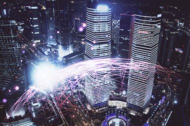 Sosyal ağ tema çizimi ve şehir manzarası arka planının çoklu pozlandırılması. Bağlantı insanları kavramı.