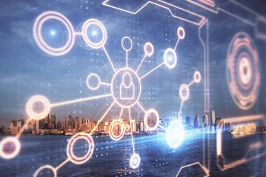 Sosyal ağ tema çizimi ve şehir manzarası arka planına çift pozlama. Bağlantı insanları kavramı.