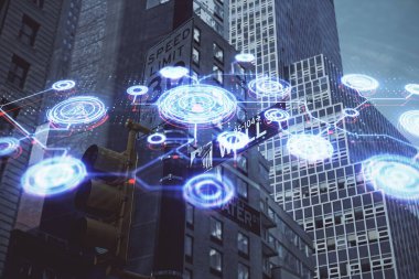 Sosyal ağ tema çizimi ve şehir manzarası arka planına çift pozlama. Bağlantı insanları kavramı.