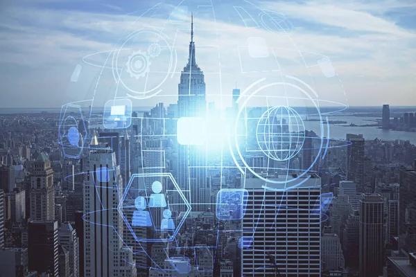 Sosyal ağ tema çizimi ve şehir manzarası arka planına çift pozlama. Bağlantı insanları kavramı.