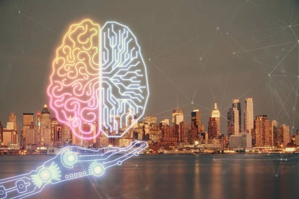 Şehrin Arka Planına Beyin Hologramı Çizimi Çifte Maruz Kalma Beyin — Stok fotoğraf