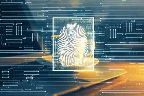 Ofisteki bilgisayarın parmak izi çizimi. Çifte maruziyet. İş veri güvenliği kavramı.