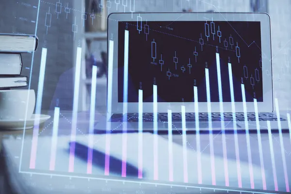 Tőzsdei Diagram Hologram Rajzolva Személyi Számítógép Háttér Dupla Expozíció Beruházás — Stock Fotó