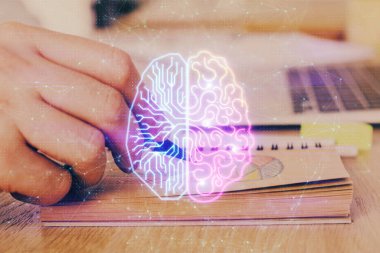 Erkek eli geçmişi olan beyin çoklu pozlama ikonu. Öğrenme kavramı.