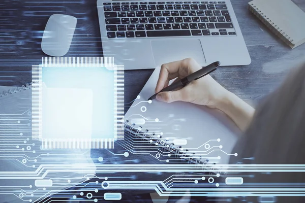 Veri çözeltisi hologramı ile arka plan üzerine yazılan ellere çoklu maruz kalma. Teknoloji konsepti.