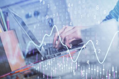 Bilgisayarda ve ön x grafik hologram çiziminde kadın eli yazarken çift pozlama. Borsa yatırım kavramı.