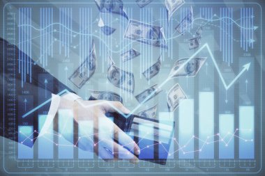 Finansal grafiğe çoklu pozlama hologram, Amerikan dolarları ve insan eli. Analiz kavramı.