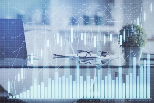 Double exposure of financial graph drawing and office interior background. Concept of stock market.