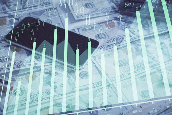 Önx grafiğinin arka plandaki dolarları iki katına çıkarması. Finans piyasası kavramı.