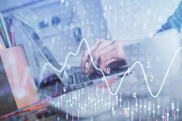 Bilgisayarda ve ön x grafik hologram çiziminde kadın eli yazarken çift pozlama. Borsa yatırım kavramı.