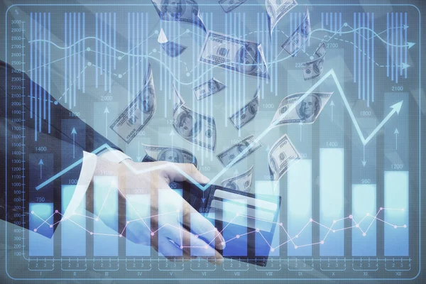 Finansal grafiğe çoklu pozlama hologram, Amerikan dolarları ve insan eli. Analiz kavramı.