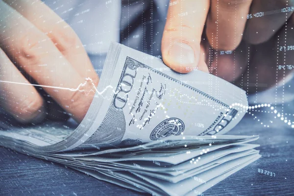 Forx grafiği, hologram, Amerikan dolarları ve insan eli çizimleri. Teknik Analiz kavramı.