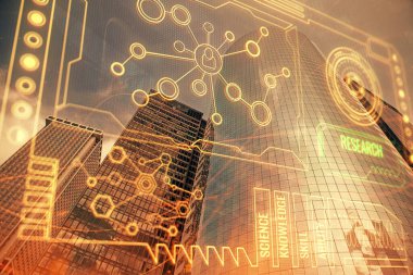 Veri temalı hologram gökdelenler arka planda çoklu pozlama ile şehir görünümüne çizim yapıyor. Büyük veri kavramı.