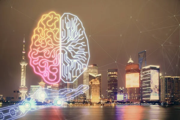 Brain Hologram Drawing City Scape Background Double Exposure Konsep Brainstorming — Stok Foto