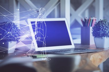 Ofisteki masaüstü bilgisayar arkaplanı ve tema hologram çizimini başlat. Çifte maruziyet. Başlangıç konsepti.