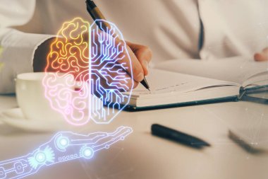 Erkek eli geçmişi olan beyin çoklu pozlama ikonu. Öğrenme kavramı.