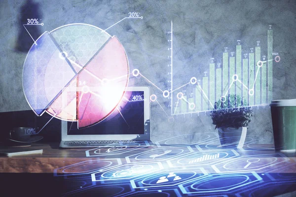 Multi exposure of chart and financial info and work space with computer background. Concept of international online trading.