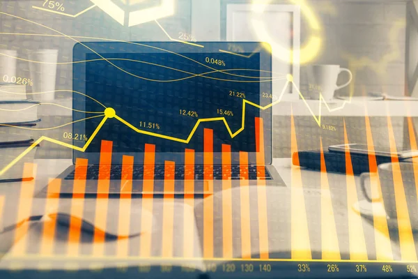 Holograma Gráfico Mercado Forex Fundo Computador Pessoal Dupla Exposição Conceito — Fotografia de Stock