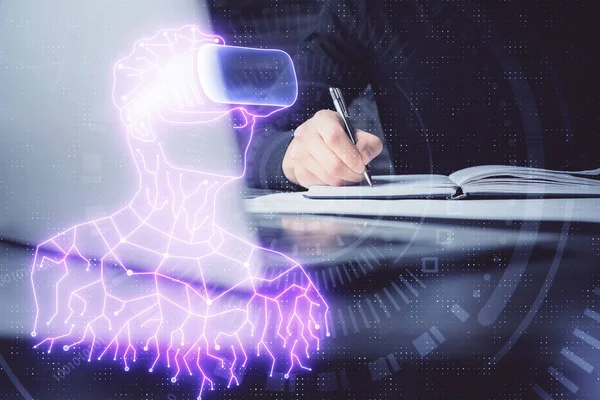 Abstract man wearing augmented reality headsets computer work with writing human background. AR concept. Double exposure.