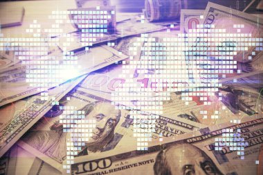 İşletme temasının çoklu pozu bize dolar banknotları üzerinden geçiyor. Finansal başarı kavramı.