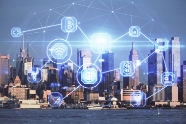 Sosyal ağ tema çizimi ve şehir manzarası arka planına çift pozlama. Bağlantı insanları kavramı.