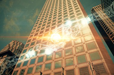 Veri temalı hologram gökdelenler arka planda çoklu pozlama ile şehir görünümüne çizim yapıyor. Büyük veri kavramı.