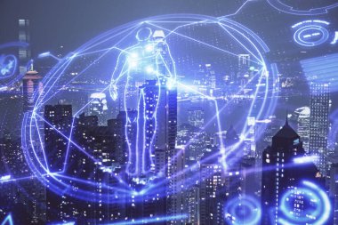 Eğitim teması çizimi ve şehir manzarası arka planının çifte pozlandırılması.