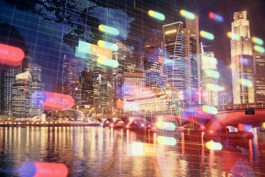 Veri temalı hologram gökdelenler arka planda çoklu pozlama ile şehir görünümüne çizim yapıyor. Ai kavramı.