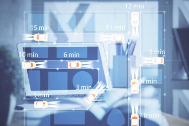 Otomobil hologramı çizimi olan masaüstü bilgisayar arkaplanı. Çoklu maruz kalma. Teknoloji kavramı.